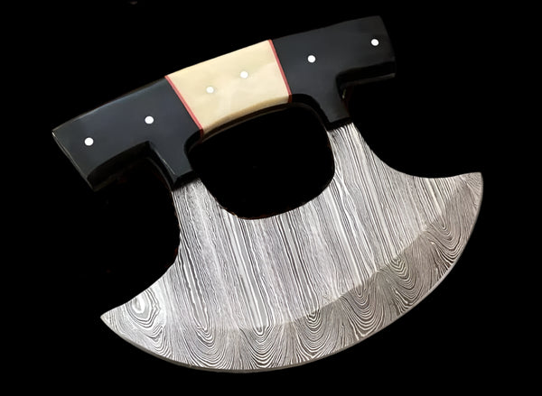 Custom Handmade Damascus Steel Ulu Knife Handle Cow Bone/Black Horn With Leather Sheath Ulu For Meat Processing