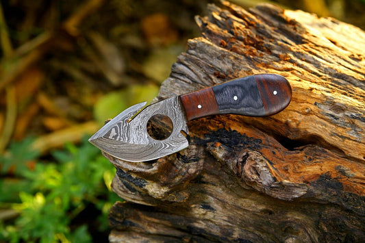 Rosewood Handle Damascus Guthook Skinner with Leather Sheath