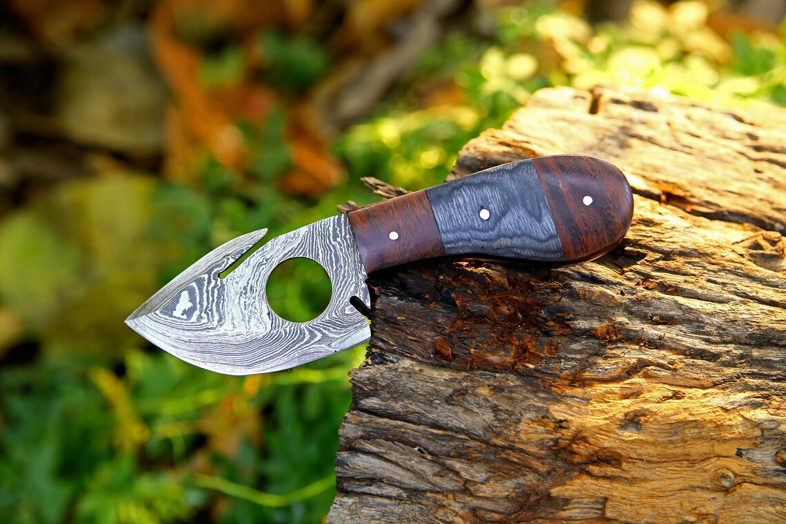 |NB KNIVES| Custom Handmade Damascus Steel Guthook Skinner Knife Handle Hardwood With Leather Sheath