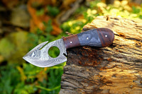 |NB KNIVES| Custom Handmade Damascus Steel Guthook Skinner Knife Handle Hardwood With Leather Sheath