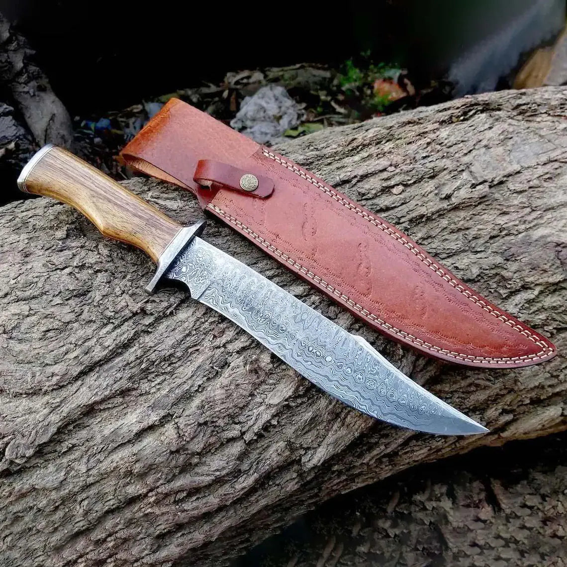 |NB KNIVES| Custom Handmade Damascus Steel Hunting Knife Handle Rosewood With Leather Sheath