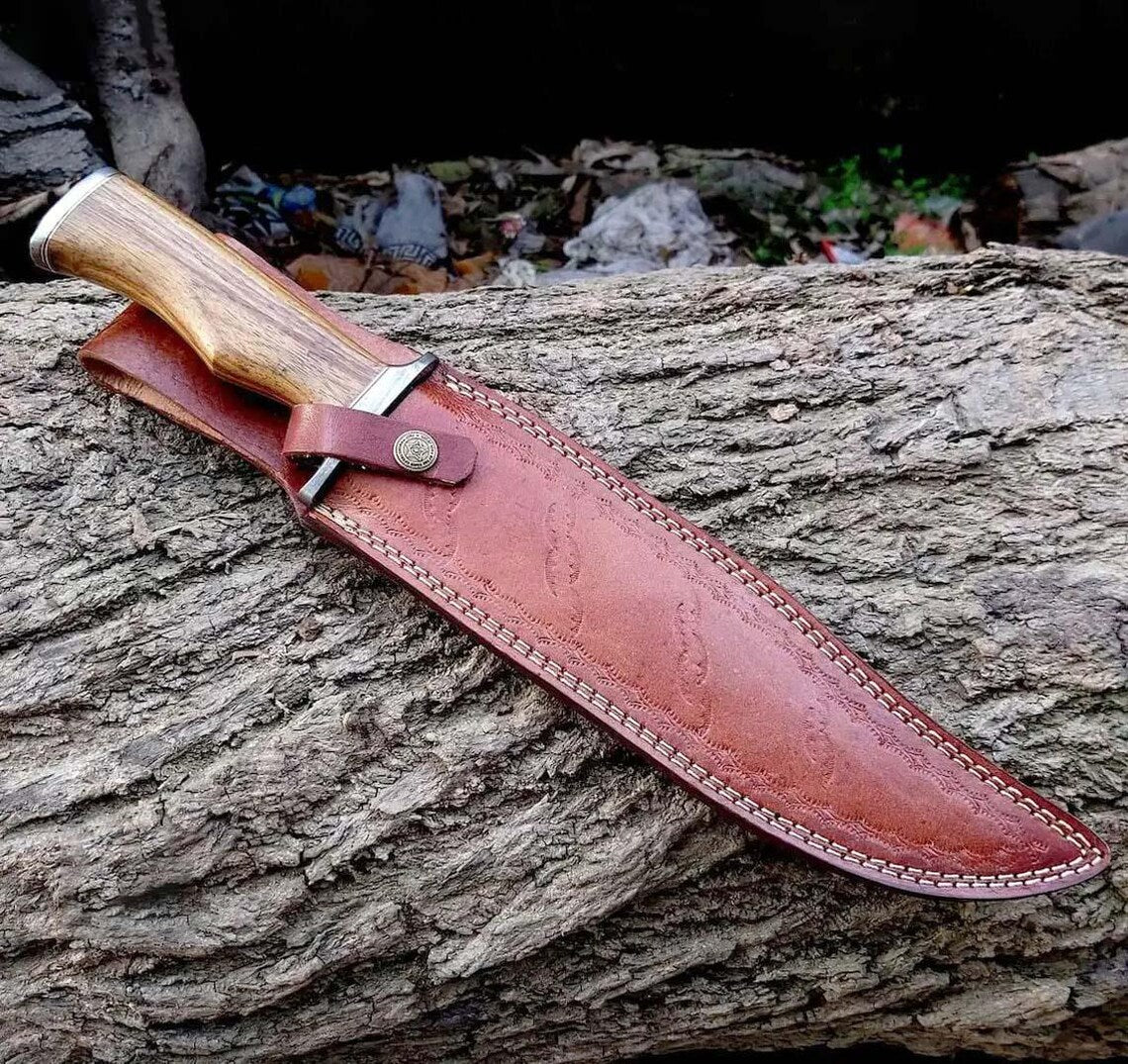 |NB KNIVES| Custom Handmade Damascus Steel Hunting Knife Handle Rosewood With Leather Sheath
