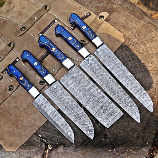 Damascus Steel 5 Pcs Chef Set | Hardwood Handle | Premium Leather Kit | NB Knives