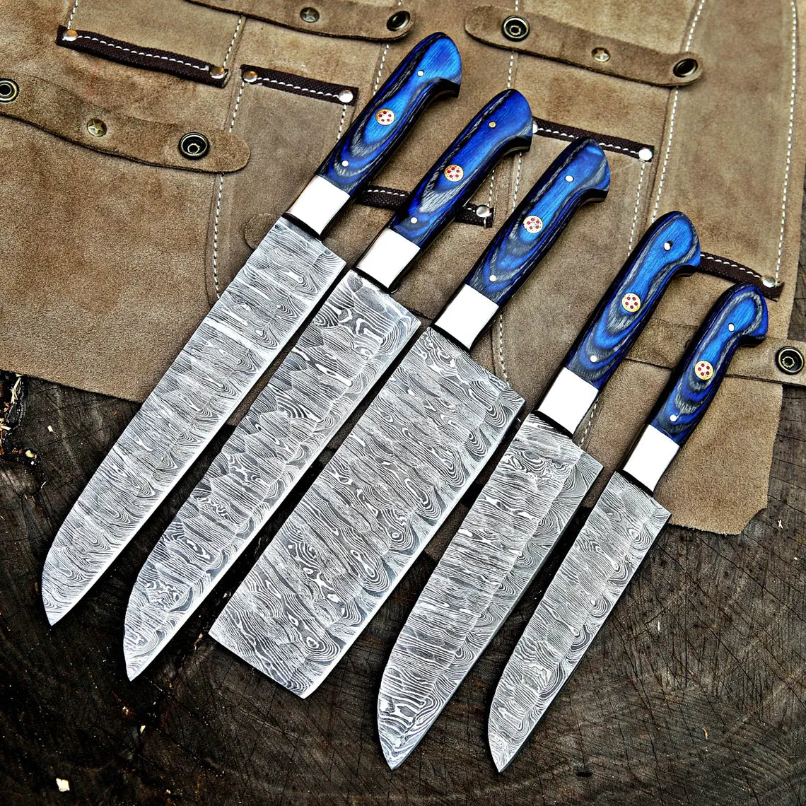 Damascus Steel 5 Pcs Chef Set | Hardwood Handle | Premium Leather Kit | NB Knives