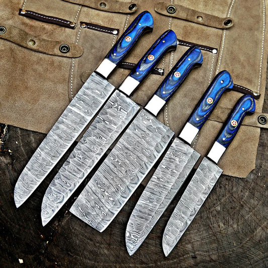 Damascus Steel 5 Pcs Chef Set | Hardwood Handle | Premium Leather Kit | NB Knives