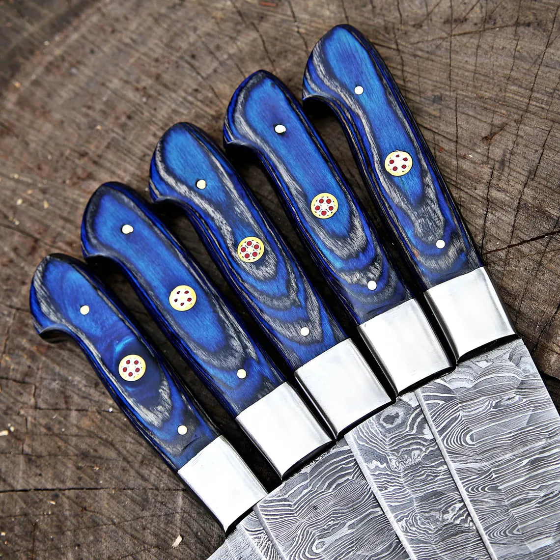 Damascus Steel 5 Pcs Chef Set | Hardwood Handle | Premium Leather Kit | NB Knives