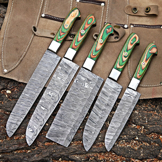 Damascus Steel 5 Pcs Chef Set | Hardwood Handle | Premium Leather Kit | NB Knives