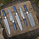 Custom Handmade Damascus Steel 5 Pcs Chef Set Handle Hardwood With Leather Kit