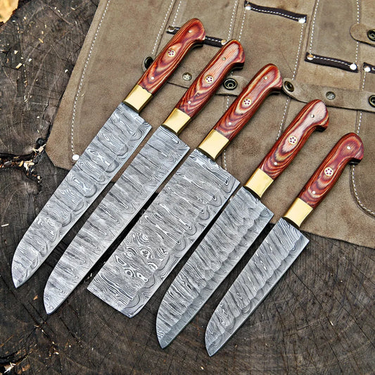 Damascus Steel 5 Pcs Chef Knife Set | Hardwood Handle | Leather Kit | NB Knives