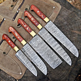 Custom Handmade Damascus Steel 5 Pcs Chef Set Handle Hardwood With Leather Kit