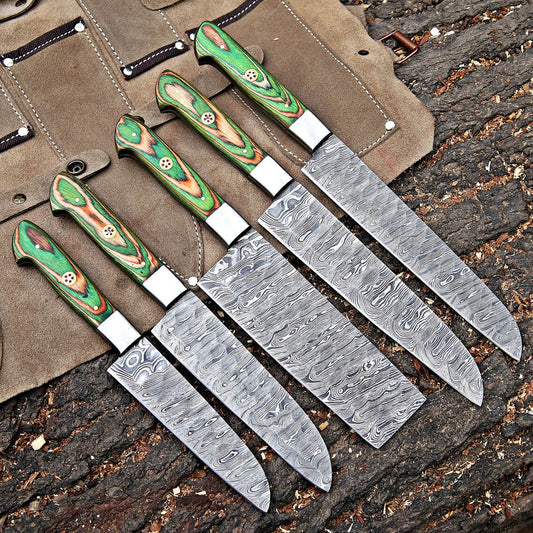 Damascus Steel 5 Pcs Chef Set | Hardwood Handle | Premium Leather Kit | NB Knives
