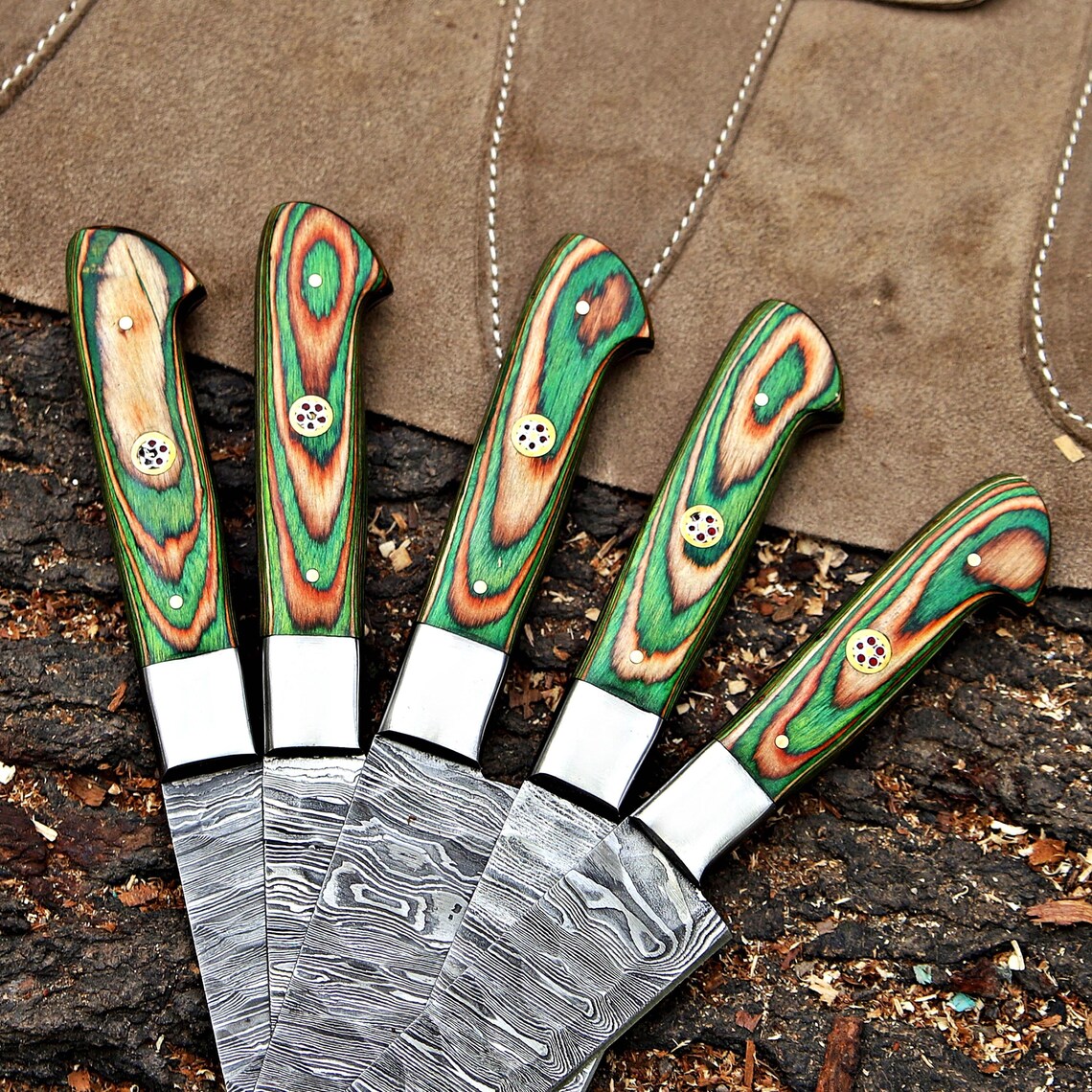 Damascus Steel 5 Pcs Chef Set | Hardwood Handle | Premium Leather Kit | NB Knives