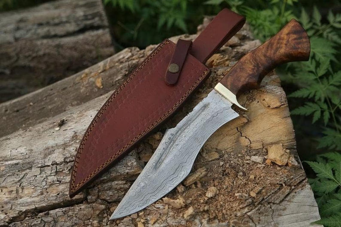 Damascus Steel Hunting Bowie Knife | Rosewood Handle | Leather Sheath | NB Knives
