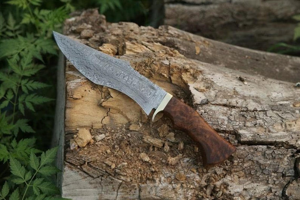 Damascus Steel Hunting Bowie Knife | Rosewood Handle | Leather Sheath | NB Knives
