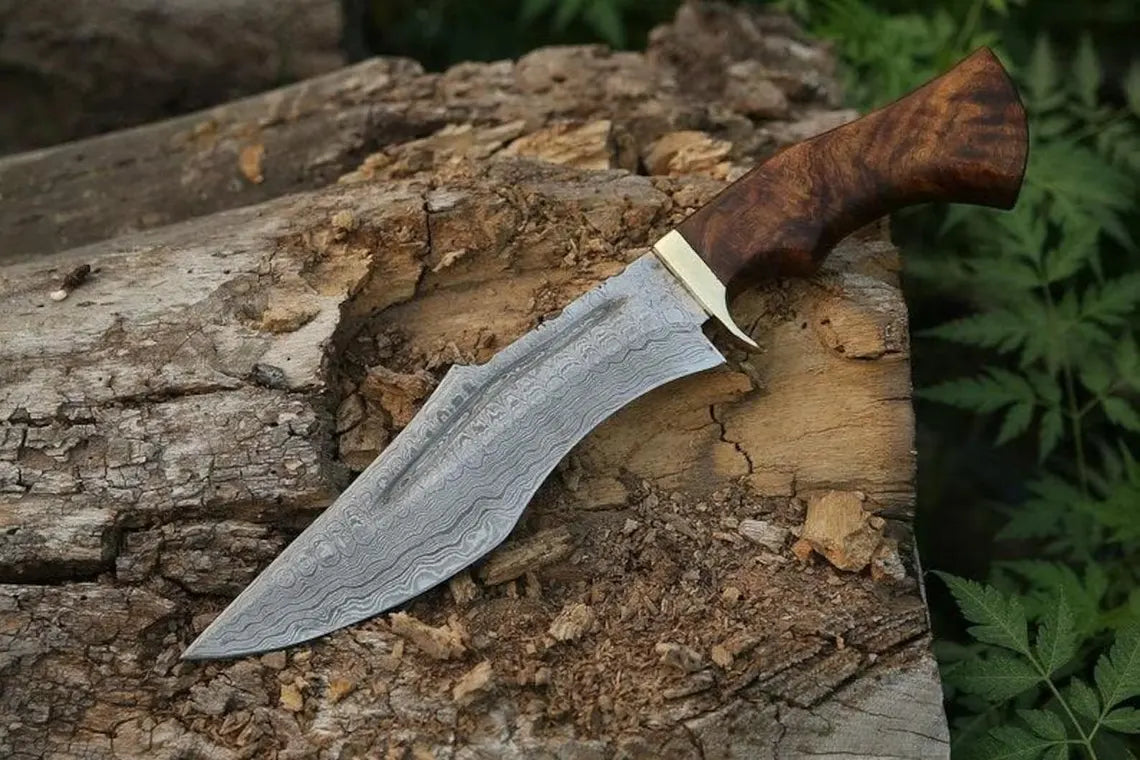Damascus Steel Hunting Bowie Knife | Rosewood Handle | Leather Sheath | NB Knives