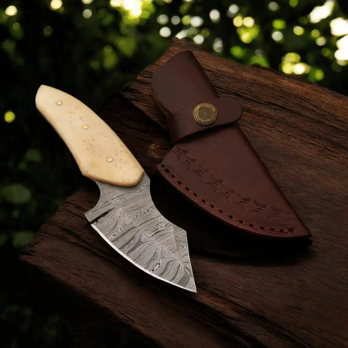 Damascus Steel Skinner Knife | Cow Bone Handle | Leather Sheath | NB Knives