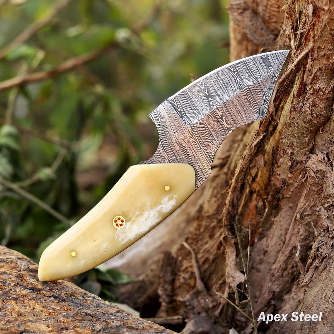 Damascus Steel Skinner Knife | Cow Bone Handle | Leather Sheath | NB Knives