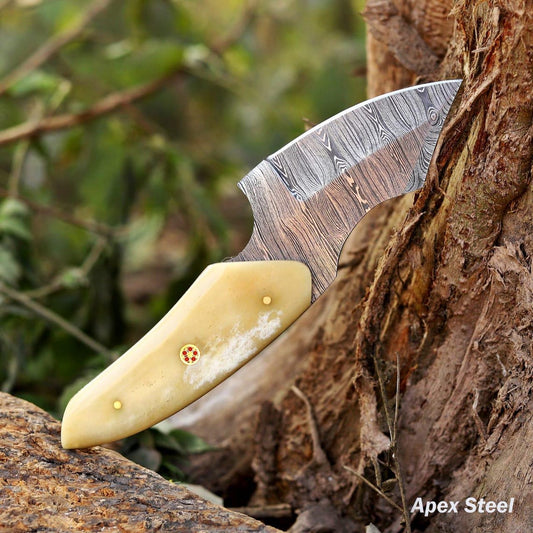 Custom Handmade Damascus Steel Skinner Knife with Cow Bone Handle & Leather Sheath