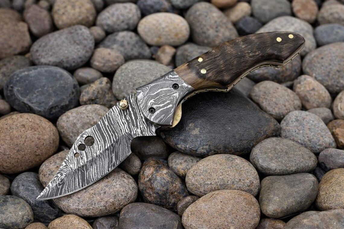 Damascus Steel Pocket Knife | Ram Horn Handle | Outdoor EDC | NB Knives