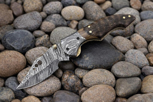 Damascus Steel Pocket Knife | Ram Horn Handle | Outdoor EDC | NB Knives