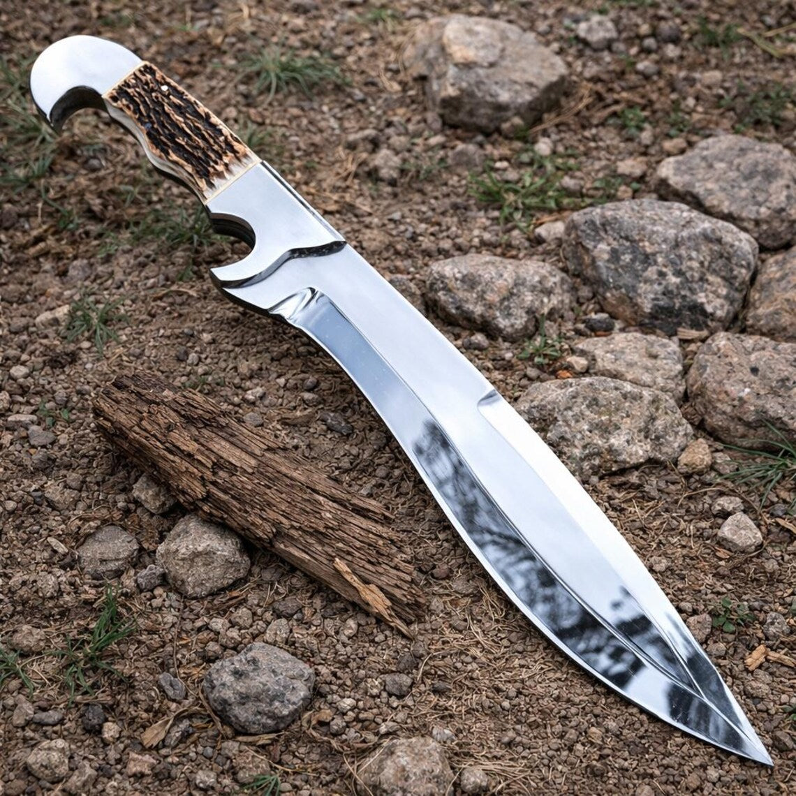 D2 Steel Hunting Knife | Stag Horn Handle | Leather Sheath | NB Knives
