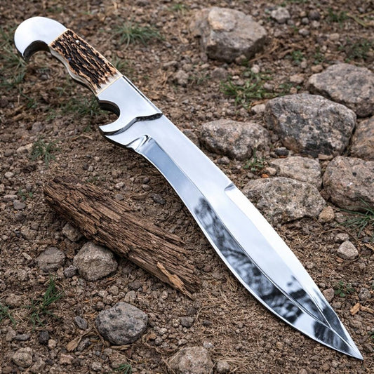 D2 Steel Hunting Knife | Stag Horn Handle | Leather Sheath | NB Knives