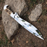 Custom Handmade D2 Steel Hunting Knife Handle Stag Horn With Leather Sheath