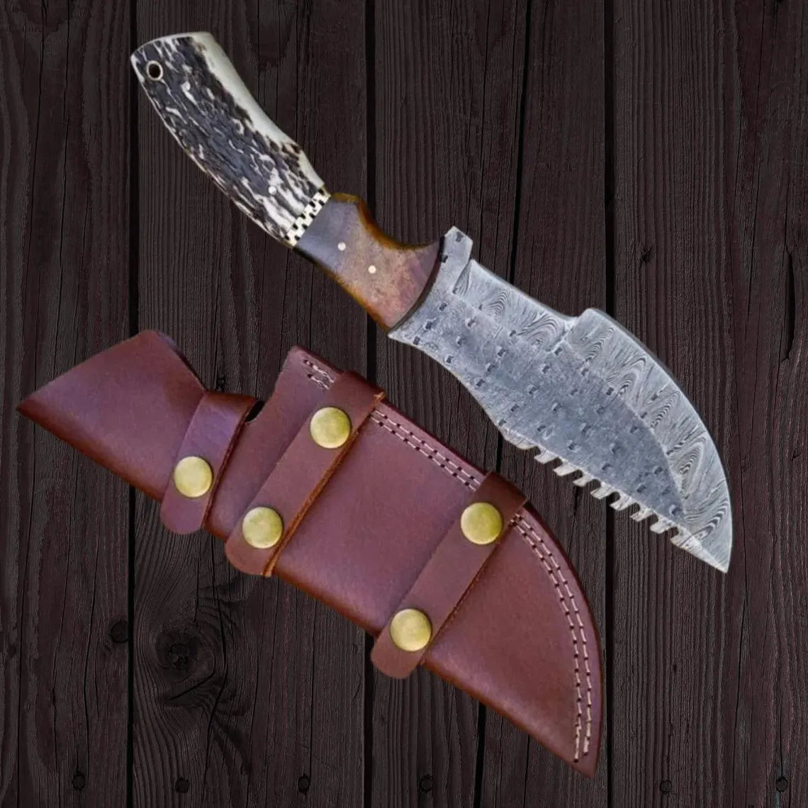 Damascus Steel Tracker Knife | Stag Horn & Rosewood Handle | NB Knives