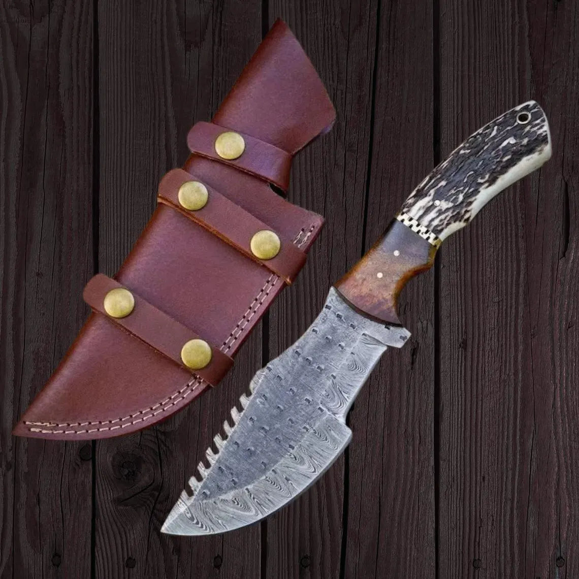 Damascus Steel Tracker Knife | Stag Horn & Rosewood Handle | NB Knives