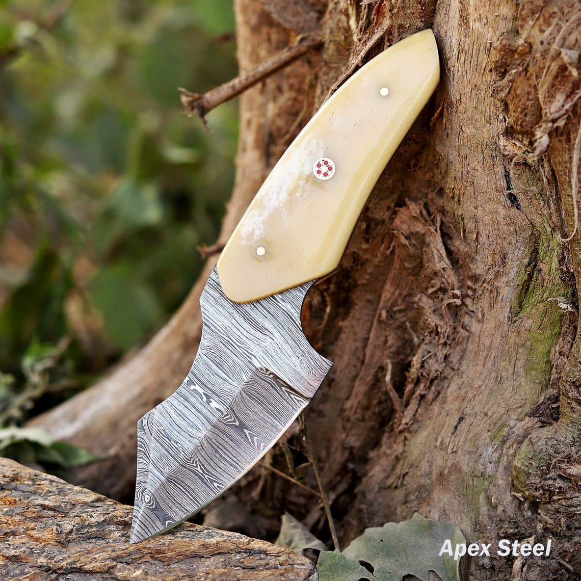 Damascus Steel Skinner Knife | Cow Bone Handle | Leather Sheath | NB Knives