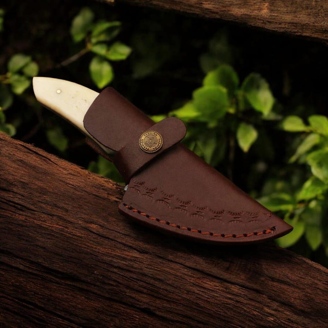 Damascus Steel Skinner Knife | Cow Bone Handle | Leather Sheath | NB Knives