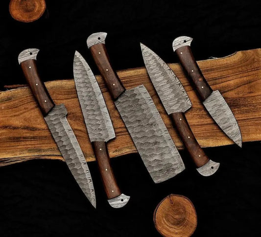 Custom Damascus Steel 5 Pcs Chef Knife Set | Rosewood Handle & Leather Kit