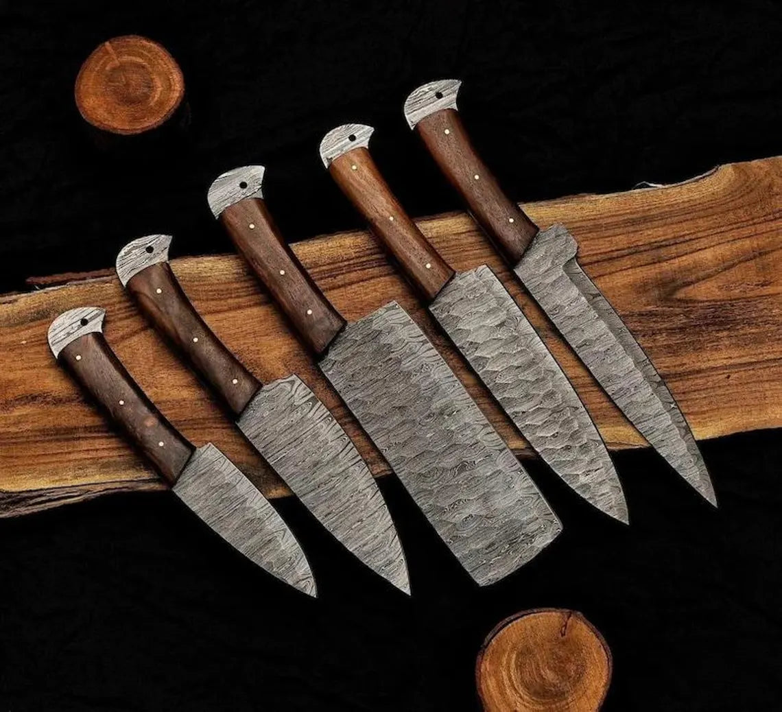 Custom Damascus Steel 5 Pcs Chef Knife Set | Rosewood Handle & Leather Kit