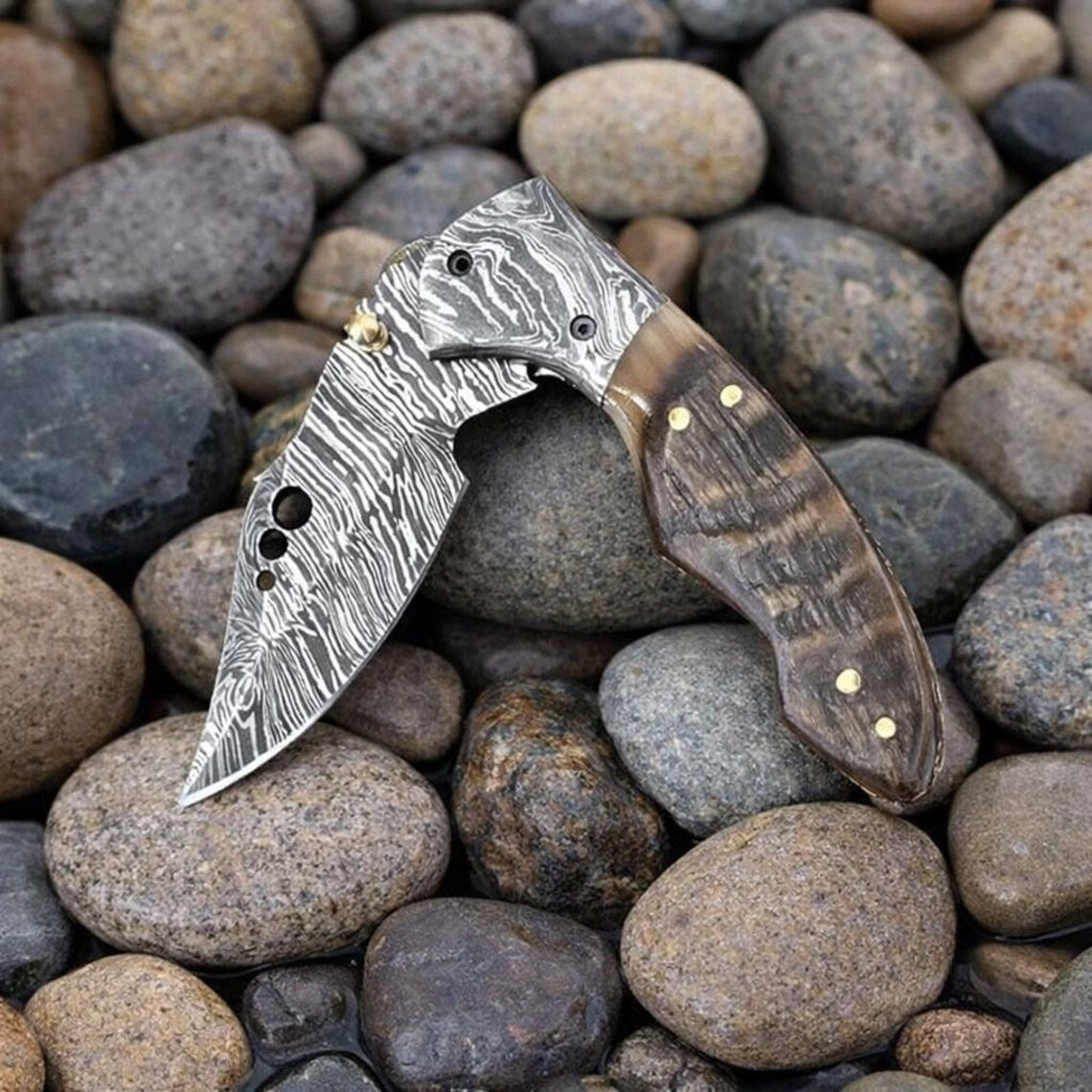 Damascus Steel Pocket Knife | Ram Horn Handle | Outdoor EDC | NB Knives