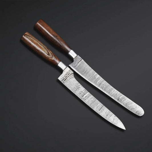 Custom Handmade Damascus Steel 2-Piece Chef Knife Set with Rosewood & Hardwood Handles