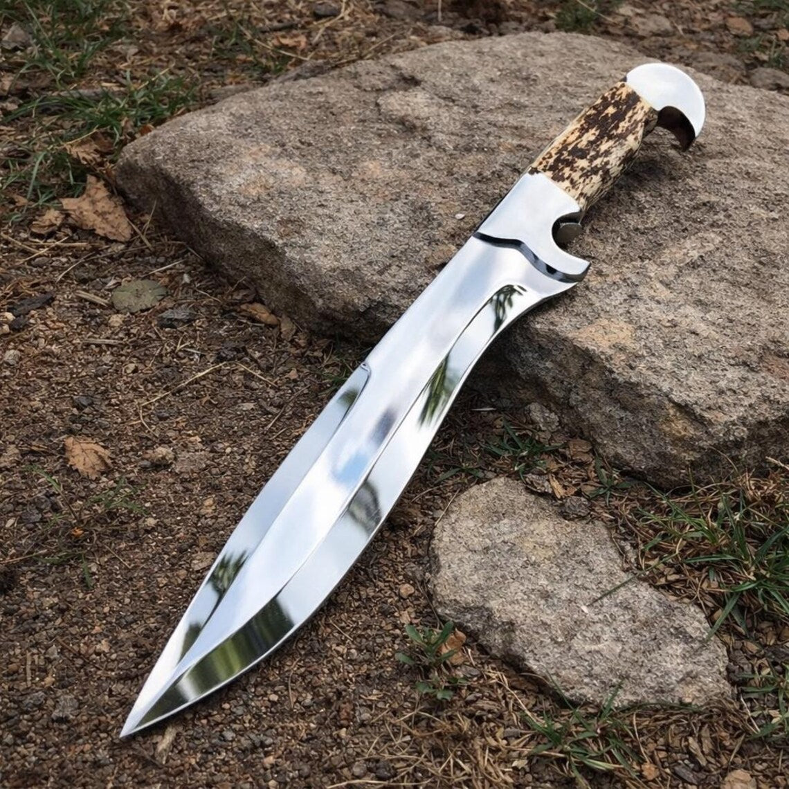 D2 Steel Hunting Knife | Stag Horn Handle | Leather Sheath | NB Knives