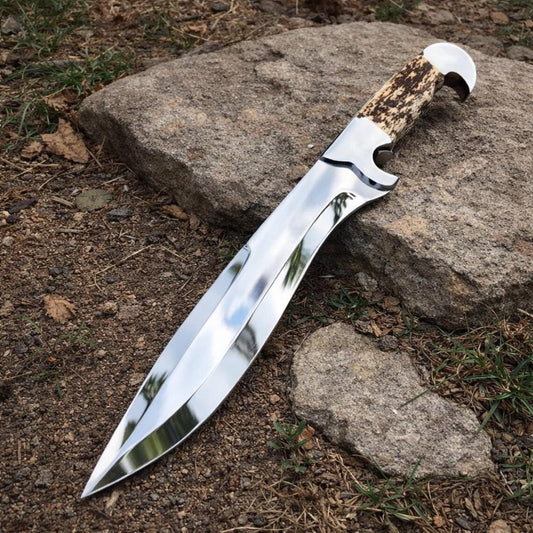 D2 Steel Hunting Knife | Stag Horn Handle | Leather Sheath | NB Knives