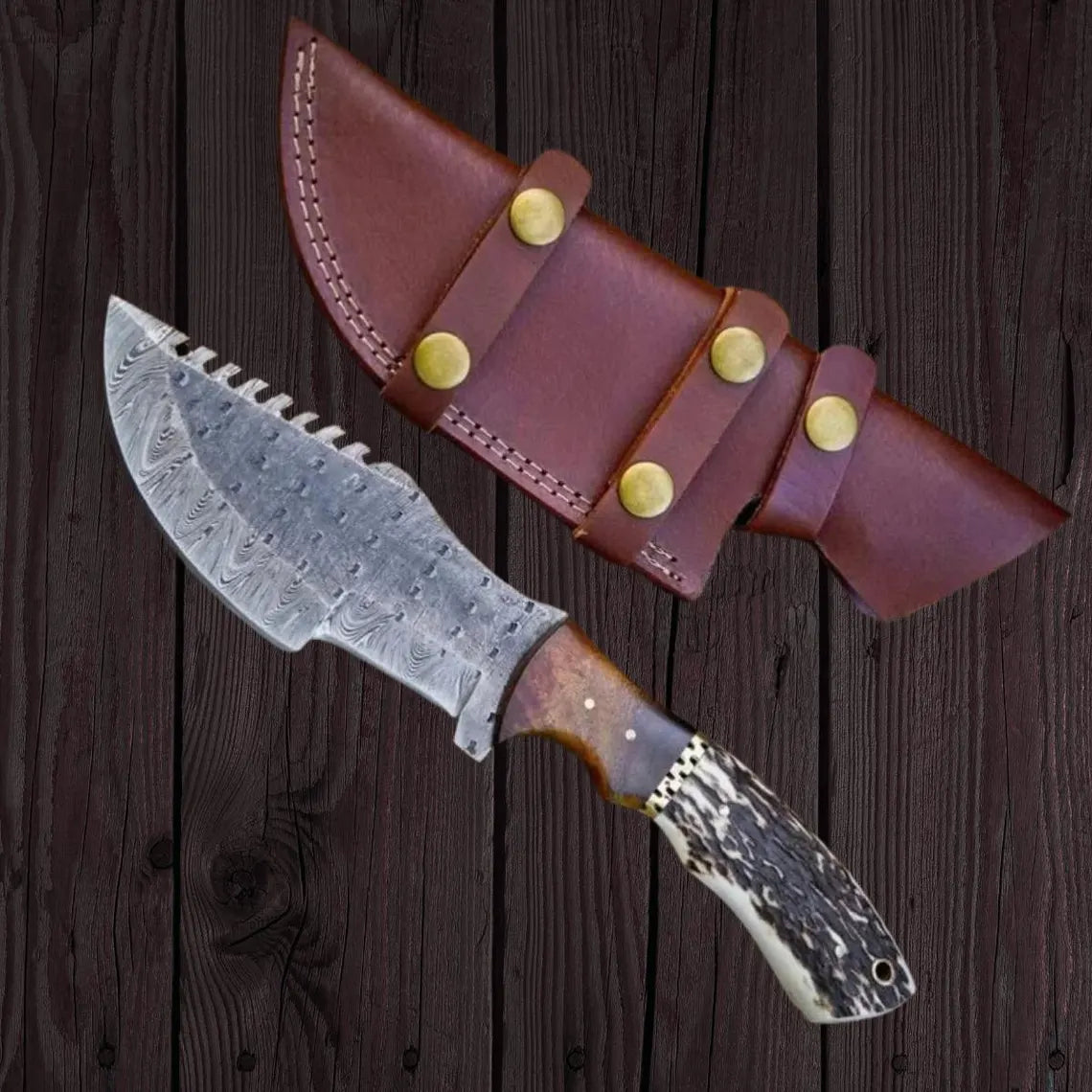 Damascus Steel Tracker Knife | Stag Horn & Rosewood Handle | NB Knives