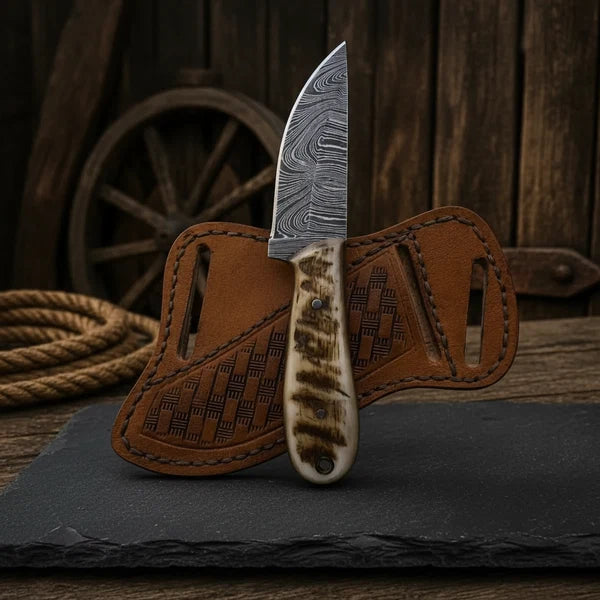 Damascus Skinner Knife Ram Horn Handle & Leather Sheath | NB Knives