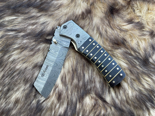 Custom Handmade Damascus Steel Folding Knife Handle Black Horn With Leather Sheath