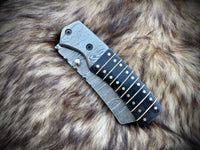 Custom Handmade Damascus Steel Folding Knife Handle Black Horn With Leather Sheath