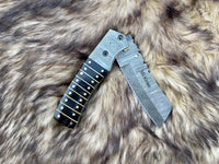 Custom Handmade Damascus Steel Folding Knife Handle Black Horn With Leather Sheath
