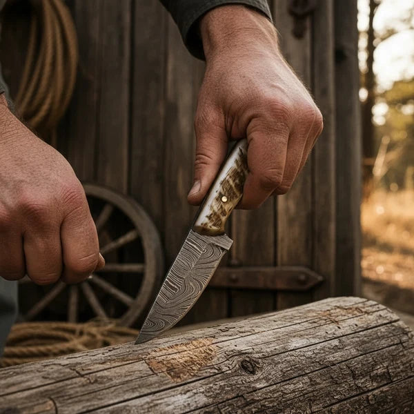 Damascus Skinner Knife Ram Horn Handle & Leather Sheath | NB Knives