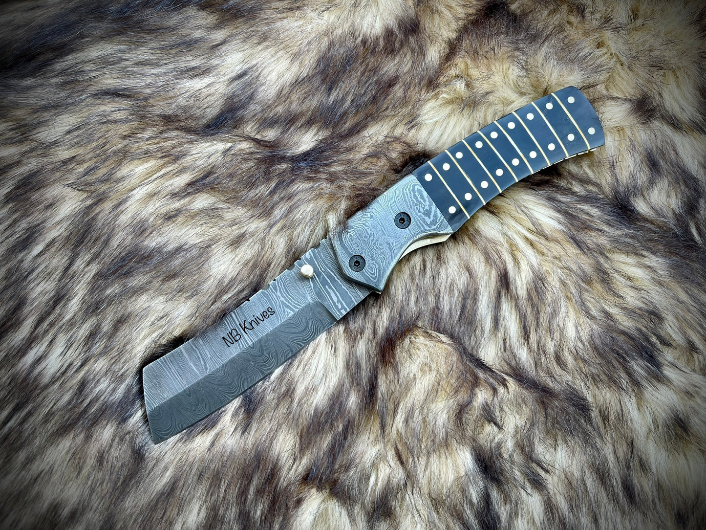 Custom Handmade Damascus Steel Folding Knife Handle Black Horn With Leather Sheath