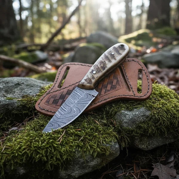 Damascus Skinner Knife Ram Horn Handle & Leather Sheath | NB Knives