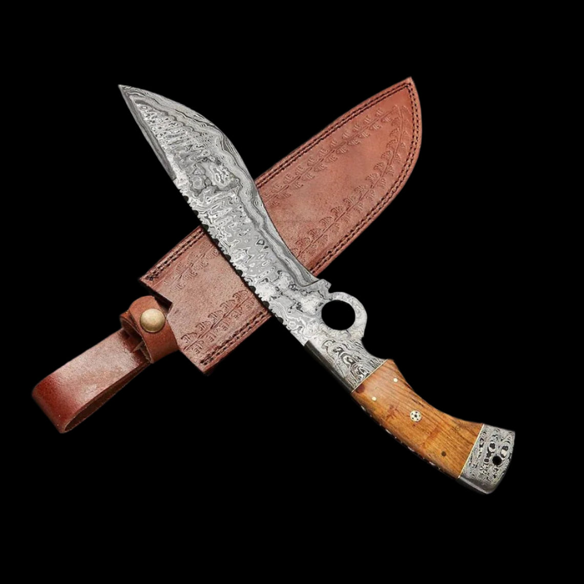 Decorative knife with wooden handle and leather sheath on a dark background