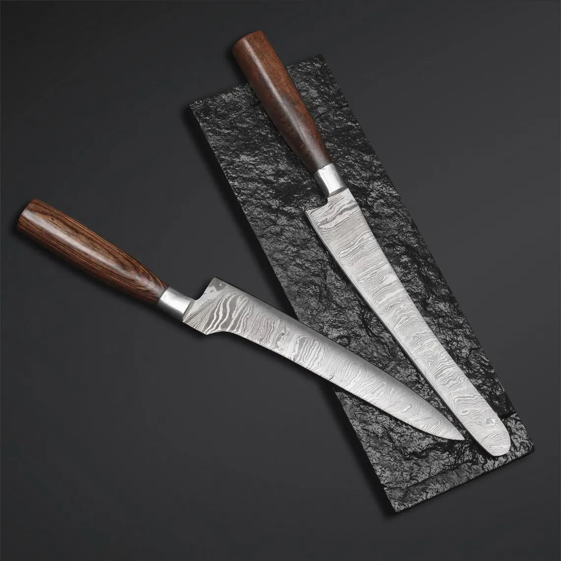 Custom Handmade Damascus Steel 2-Piece Chef Knife Set with Rosewood & Hardwood Handles