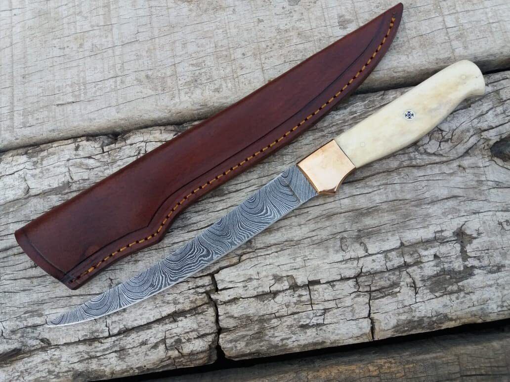 Custom Handmade Damascus Steel Fillet Knife Handle Cow Bone With Beautiful Leather Sheath
