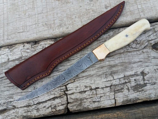 Custom Handmade Damascus Steel Fillet Knife Handle Cow Bone With Beautiful Leather Sheath