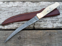 Custom Handmade Damascus Steel Fillet Knife Handle Cow Bone With Beautiful Leather Sheath